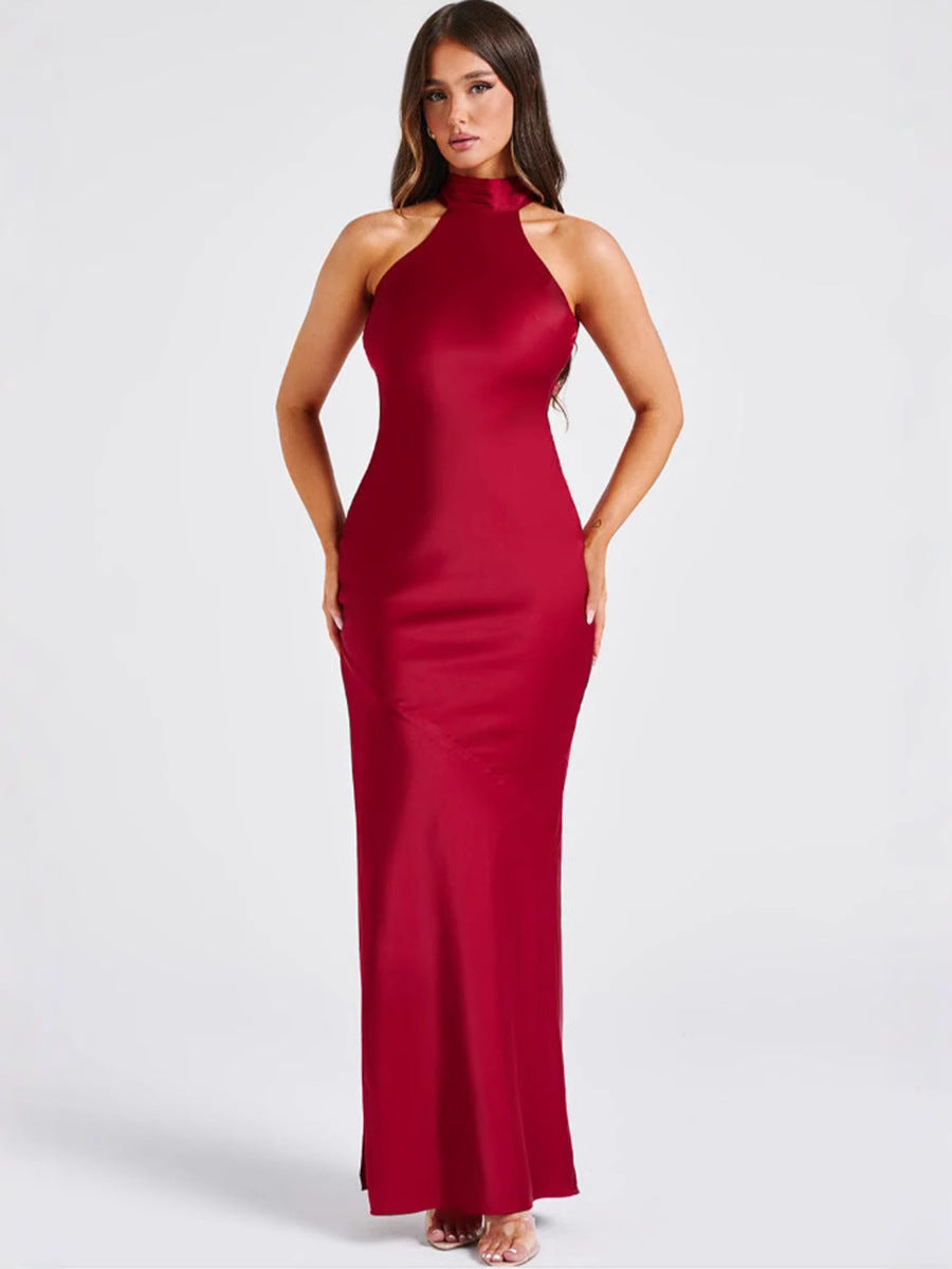 NALA | Elegante vestido largo de satén con escote halter