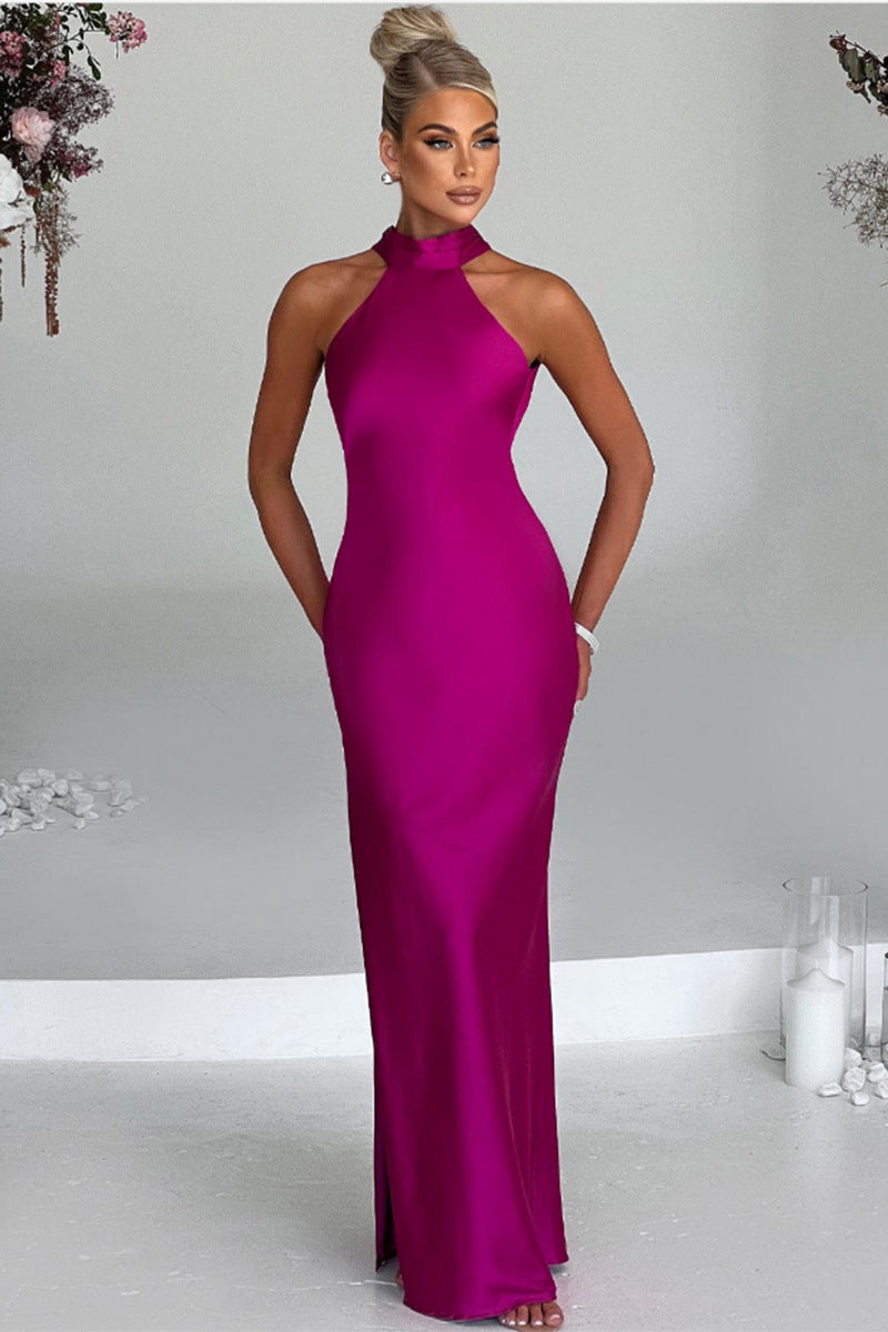 NALA | Elegante vestido largo de satén con escote halter