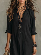 SOLINE™ | VESTIDO LARGO MAXI NEGRO CON BOTONES