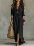 SOLINE™ | VESTIDO LARGO MAXI NEGRO CON BOTONES