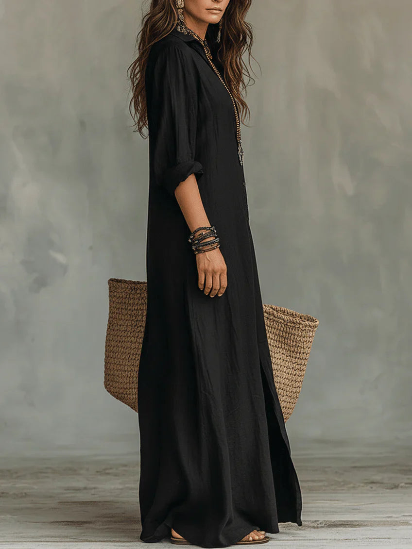 SOLINE™ | VESTIDO LARGO MAXI NEGRO CON BOTONES