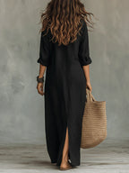 SOLINE™ | VESTIDO LARGO MAXI NEGRO CON BOTONES