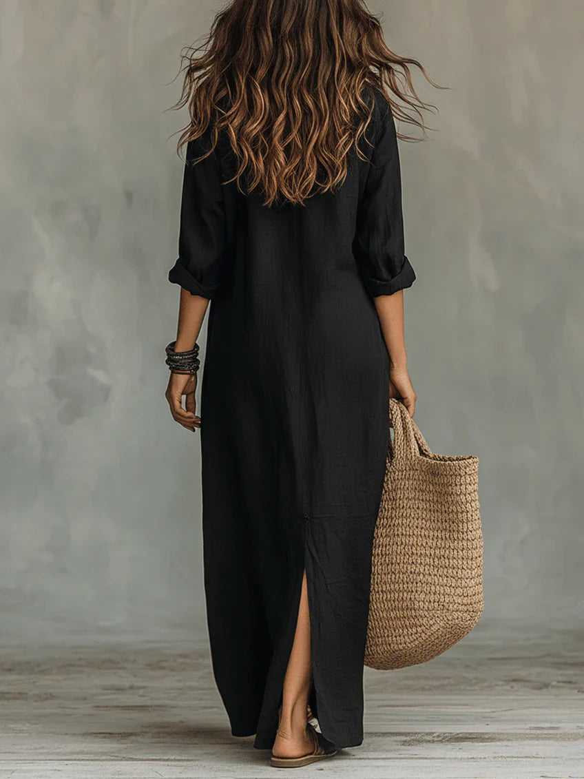 SOLINE™ | VESTIDO LARGO MAXI NEGRO CON BOTONES