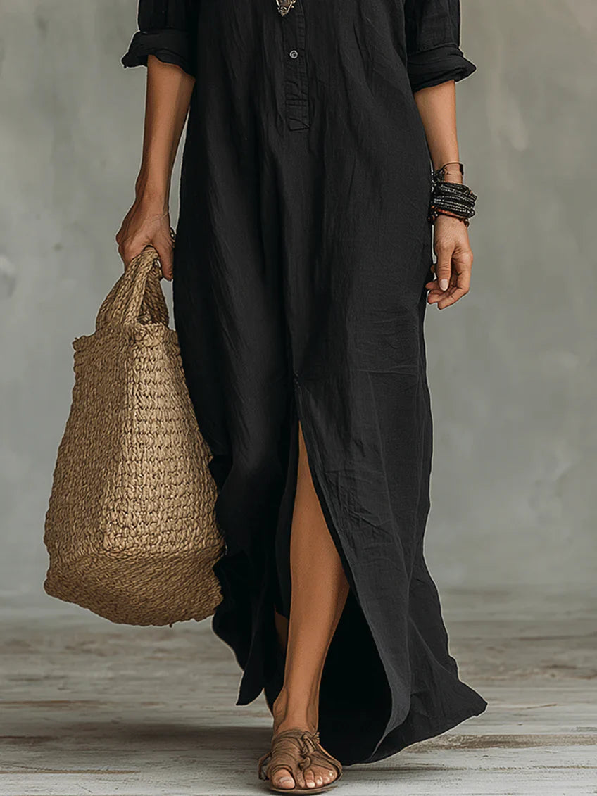 SOLINE™ | VESTIDO LARGO MAXI NEGRO CON BOTONES