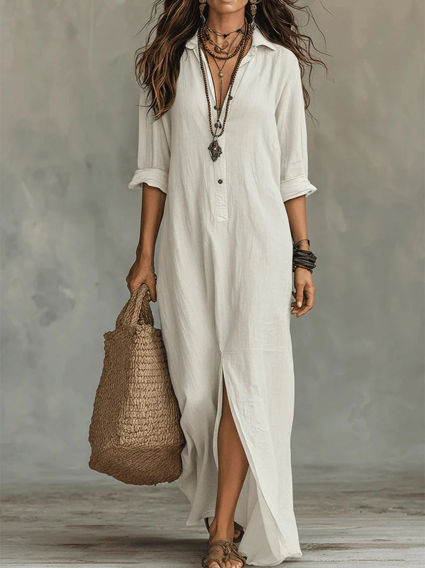 SOLINE™ | VESTIDO LARGO MAXI NEGRO CON BOTONES
