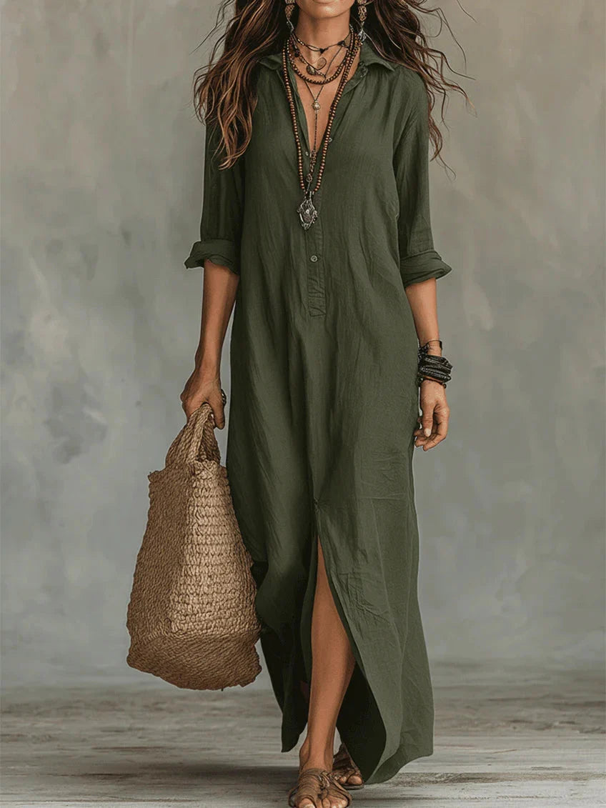 SOLINE™ | VESTIDO LARGO MAXI NEGRO CON BOTONES