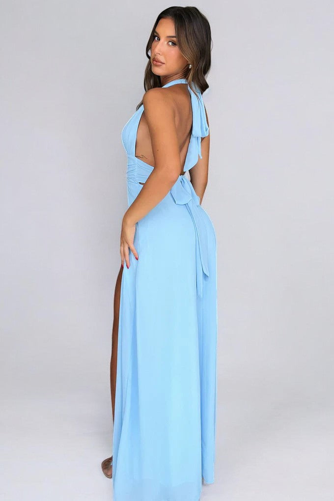 LOLA | Elegante vestido largo con cuello halter y abertura alta