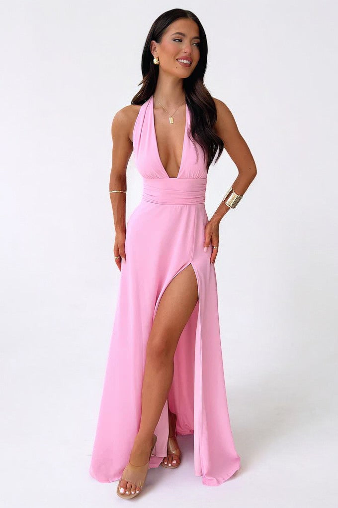 LOLA | Elegante vestido largo con cuello halter y abertura alta