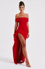 CLAUDIA | Vestido largo de satén con hombros descubiertos